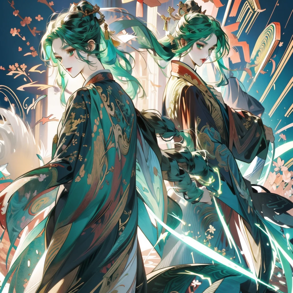 ((Masterpiece:1.2, Best quality)), super-fine, ultra-fine depiction, ultra-fine depiction, (zentangle:1.2), (Dynamic pose), (abstract backgrounds:1.5), long green hair, Green color hair, 1girll , a color, Portrait, (Top down:1.2),Chinese style woman, Full body,facing to audience, sensual, oriental dragon horn, emerald eyes, adorable, inocent, perfect body, chinese palace, golden details,