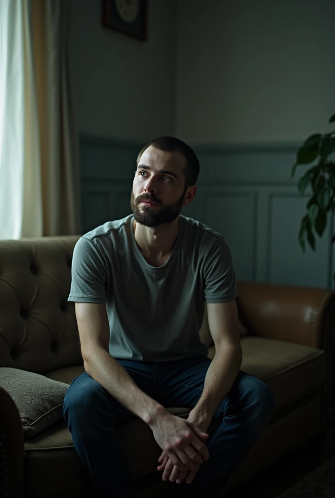 I need a beardless man sitting on a sofa, with a melancholic background 
