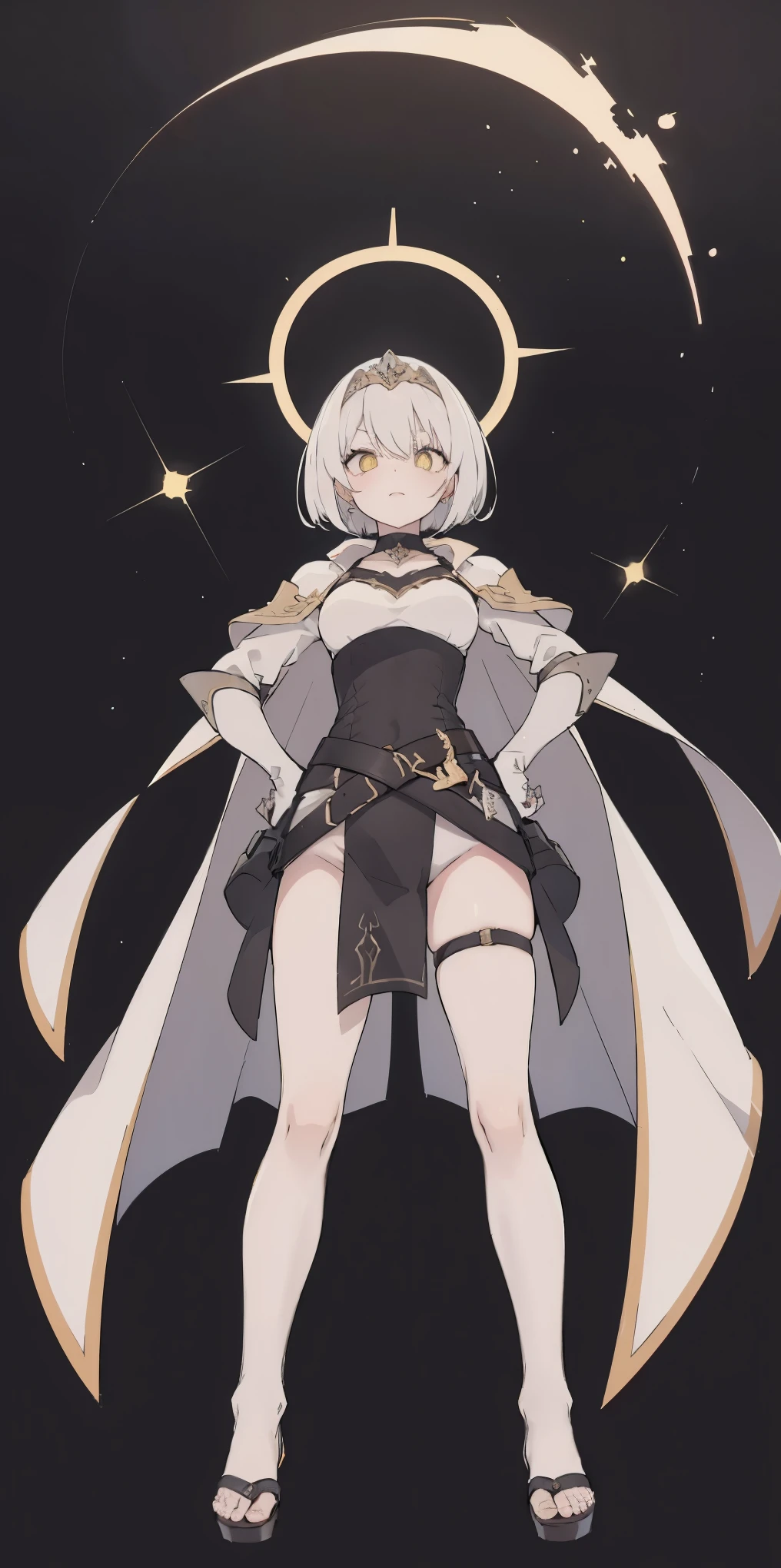 (black background) paladin lady in ornate golden armor, pauldrons, breastplate, corset, glowing halo, short hair, bob hair style, white silver hair, yellow glowing eyes, bright pupils, eye focus, red cape, particles, light beam, chromatic aberration, full body, whole body 1solo (girl) loincloth standing, hands on hips, metal sandals, leather black choker, big belt, view from below, feet together, bracers, tiara