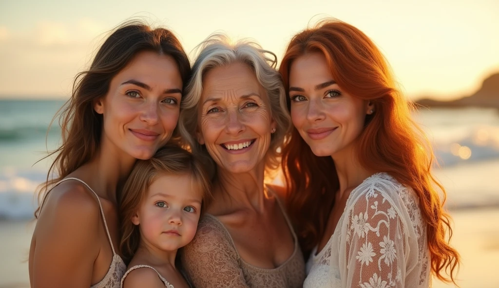 a 60 year old White woman, with three 50 year old daughters, one 50 year old Asian, one 50 year old American redhead, and one American brunette, detailed faces, realistic, high quality, masterpiece, photorealistic, hyper detailed, cinematic, dramatic lighting, warm colors, posing on the beach