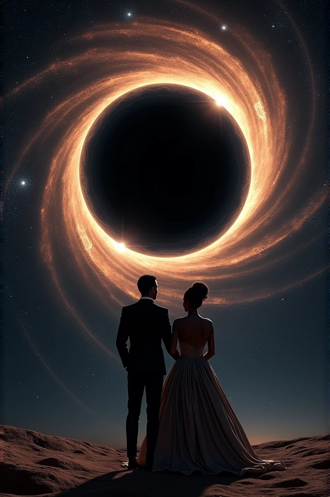 A black couple in space wearing fancy clothes, observing a black hole