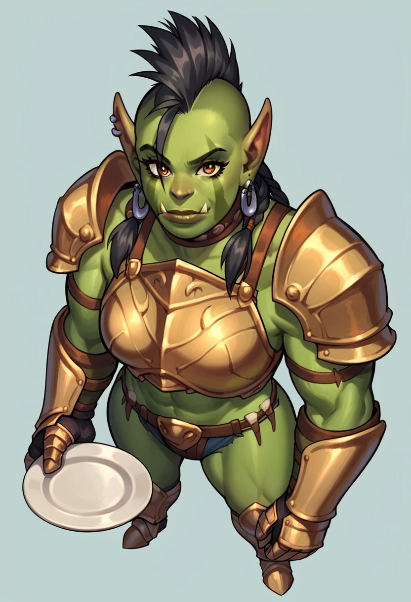 score_9, score_8_up, score_7_up, score_6_up, score_5_up, score_4_up, 1girl, orc, muscular, muscular female, tusks, pointy ears, colored skin, green skin, mohawk, braid, black hair, earrings, smile, standing, wearing (knight armor:1.2), gauntlets, (breastplate:1.2), shoulder armor, looking at viewer, from above, 
light blue background, simple background,