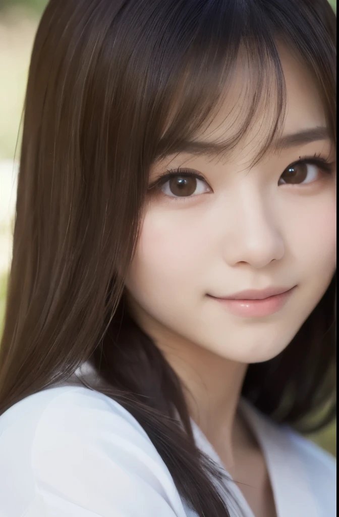 best quality, face focus, soft light, ultra high res, (photorealistic:1.4), RAW photo,(Shinozaki Ai), (fair skin), (kawaii),
1 Japanese girl, solo, cute, smile, (pupil, lights in the eyes),  detailed beautiful face, Medium-sized breasts,(high resolution detail of human skin texture),(long hair),(portrait), upper body, white traditional kimono