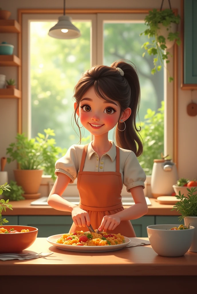 a cute girl cooking in the kitchen 