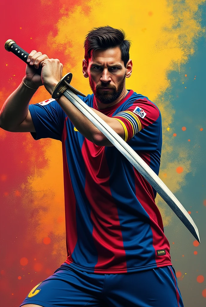 Messi with a big katana background must be colourful 