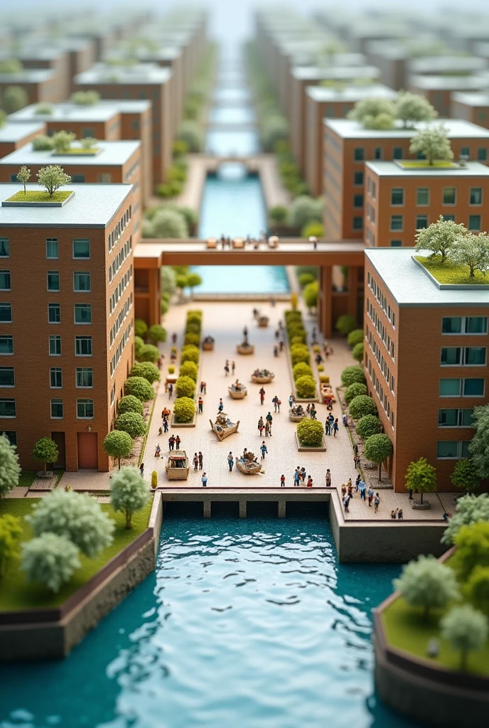 Create a scale model with a cultural plaza between two urban blocks and an elevated walkway reaching a third block. The plaza is designed for cultural events and temporary markets, while the walkway offers canal views and green spaces, blending environmental elements with social activities."