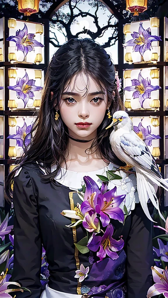 masterpiece, best quality, ultra detailed, insanely detailed, exquisite, beautiful, 8k,((White bird on shoulder)))
, happy, field of flowers, sky, smiling, laughing, in the field of flowers, in the flower garden, in the clouds, with a full moon, with a rainbow, blue sky and shining lights, with a flower, with a castle, beautiful, fantasy, intense closeup shot, on right、((Lilies and lanterns in front of the camera))、Seeing a white bird perched on my shoulder