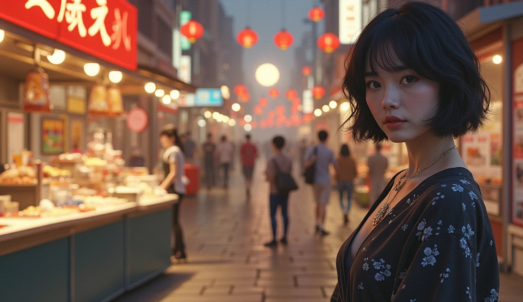 (halfbody shot,street lamps,moon),Masterpiece, 1girl, solo exhibition, beautiful woman on the bustling street, surrounded by hawkers, beautiful goddess girl portrait, beautiful and detailed face, porcelain skin, (((bust shot, center, night, black hair, short hair)), super soft lighting, symmetry, complexity, elegance, high detail, realism, art, concept art,