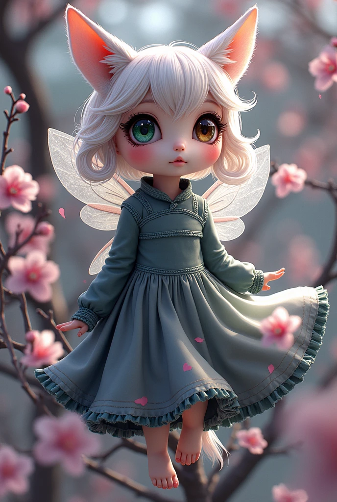 Super mini size、eye々crisp、One eye is green、the other eye is brown.、length, Curled eyelashes、Hair is silver、Raccoon Ears、You're wearing fluttery clothes、Beautiful fairy、Is that the cherry tree in the background??、Goodbye Poem、愛のメニュー