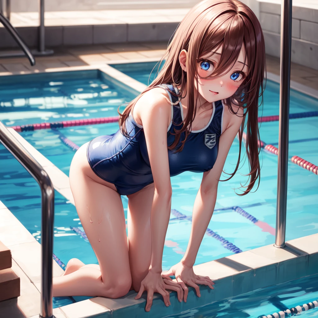 1 girl, alone, high quality, big tits, beautiful, slender, shoot from above, embarrassing, blush BREAK arm off screen:2, crawling position on their hands and knees:1.3, seductively posing on all fours on a bed, looking up flirtatiously, (leaning forward:1.3), (hands on knees:1.3), school swimsuit, pool