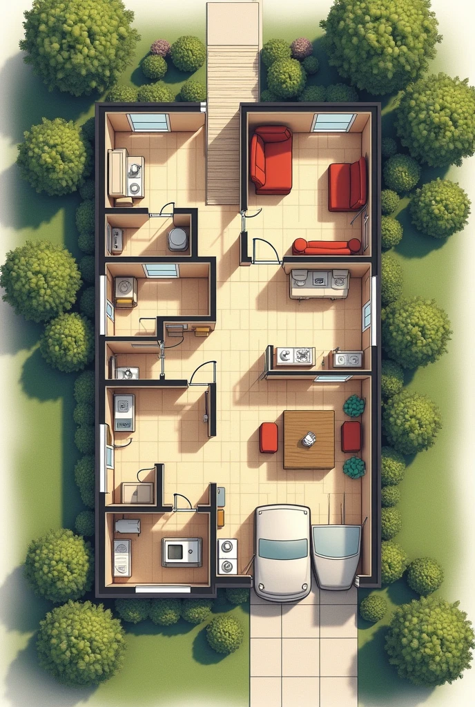 Draw an aerial plan of a house with a bathroom, kitchen, salon, biblioteca y kitchen
