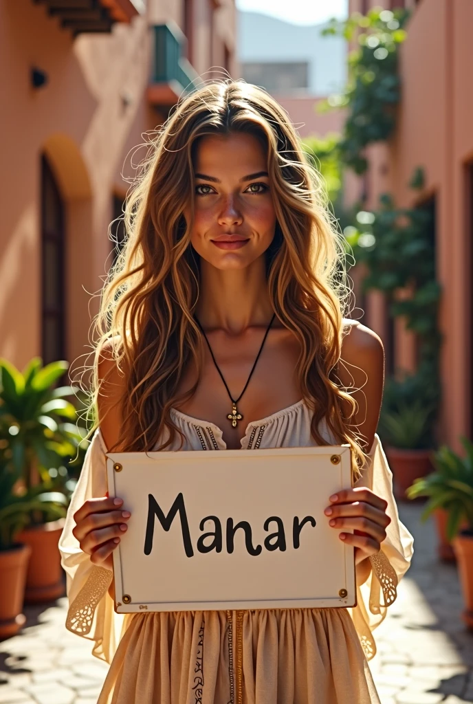 Beautiful girl with wavy long hair, bohemian dress, holding a white board with text "Manar" and showing in marrakech morroco