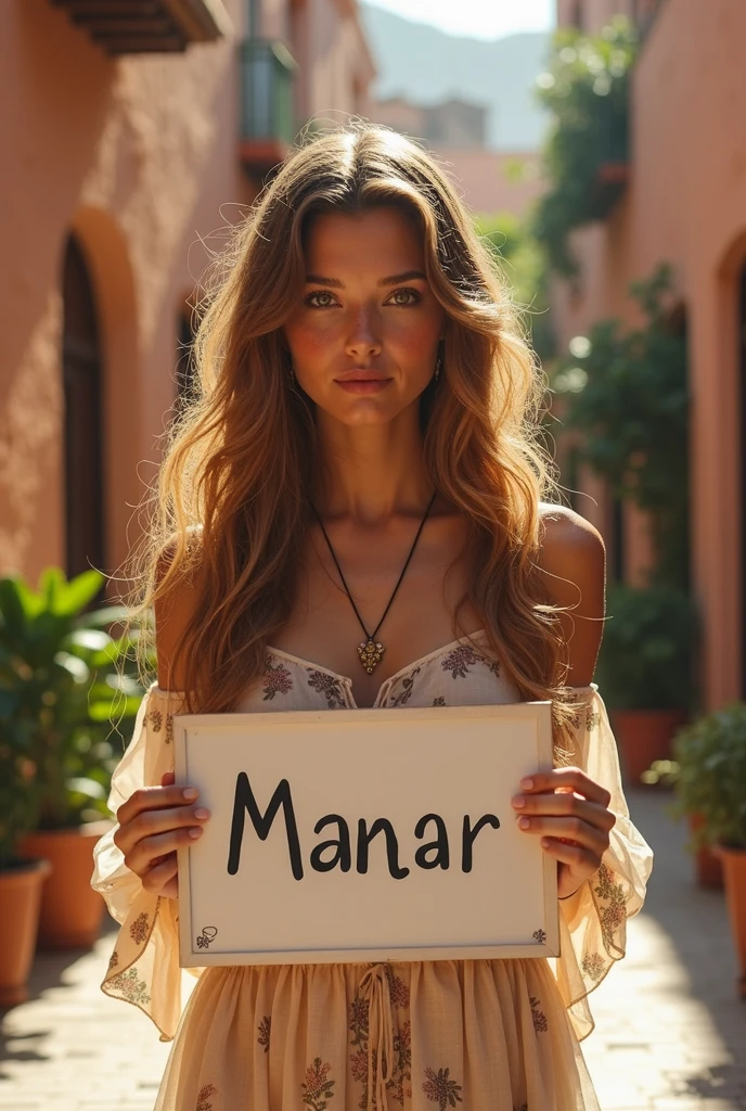 Beautiful girl with wavy long hair, bohemian dress, holding a white board with text "Manar" and showing in marrakech morroco