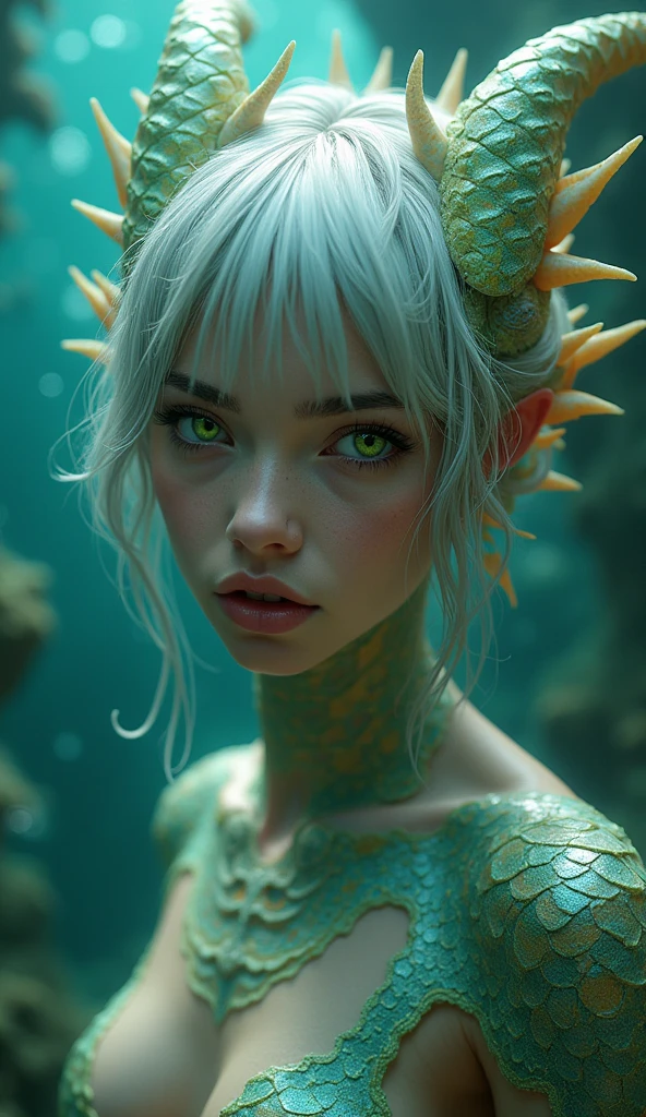 Half-naked aunt shows off a rather slender figure. she has grayish white hair , She has short hair and big pale green eyes., Psychedelic style A fantastic creature,medusa + Dragon,underwater dragon,hybrid,8k,beautiful lighting,close up,Digital art,intricate details,negative space,iridescent,1 girl . vibrant colors, swirling patterns, abstract shapes, surreal, trippy