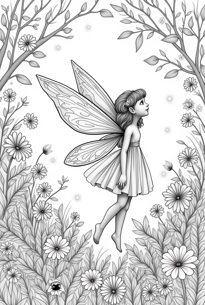 A fairy surrounded by enchanted creatures in a magical forest. Include elements such as delicate fairy wings, ethereal glow from magical plants, tiny fairy houses nestled among flowers, and intricate patterns of vines and leaves. The scenes should evoke a sense of enchantment and wonder, for coloring pages, full white,clean line art, children's style, magic forest background, full body, Sketch style, playful style, childrens,coloring page, clean line art, white background, colouring page, clean outline