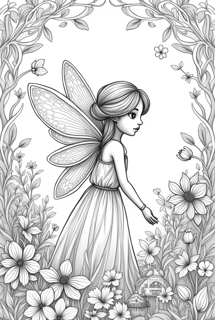 A fairy surrounded by enchanted creatures in a magical forest. Include elements such as delicate fairy wings, ethereal glow from magical plants, tiny fairy houses nestled among flowers, and intricate patterns of vines and leaves. The scenes should evoke a sense of enchantment and wonder, for coloring pages, full white,clean line art, children's style, magic forest background, full body, Sketch style, playful style, childrens,coloring page, clean line art, white background, colouring page, clean outline