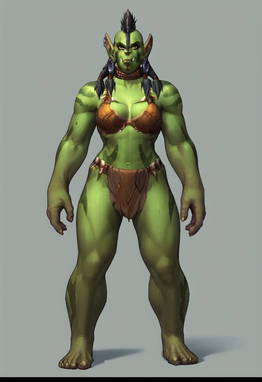 score_9, score_8_up, score_7_up, score_6_up, score_5_up, score_4_up, 1girl, orc, muscular, muscular female, tusks, pointy ears, colored skin, green skin, mohawk, braid, black hair, earrings, jewelry, loincloth, full body, standing, 
light blue background, simple background,