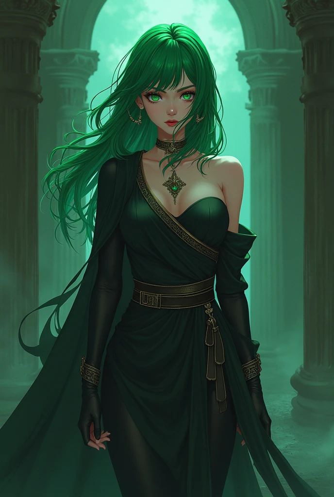 Beautiful adult woman with green hair and green eyes with perfect anatomy, Ancient Greek clothing in black color besieged in the Greek Underworld anime style