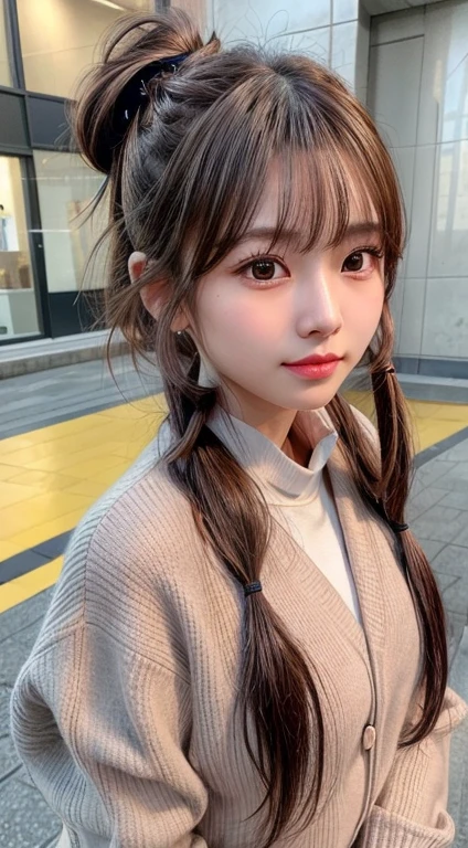 blush,Long hair ponytail,A big ribbon in her hair,(8k, RAW Photos, Highest quality, The pieces fly:1.2), (reality, Realistic:1.4), (非常に詳細な8k壁紙), Sharp focus, Depth of written border, Cinema Lighting, Soft Light, Detailed beauty eyes,Shiny and smooth light brown ponytail, Asymmetrical bangs, Glowing Skin, Highly detailed skin ,High resolution, Attention to detail, Detailed hairstyle, Detailed beauty face, Hyper Real, Perfect limbs, Perfect Anatomy ,1 Japanese girl,Famous Japanese Idols, Perfect female body,A shy smile,short eyelashes,double eyelid,Look straight here,Hairstyle: Ponytail,Attach a ribbon, office,Long ponytail hairstyles,Wear a scrunchie,Wearing a long coat,Street,Stand up straight and face me,The whole body becomes visible,winter,Warm clothes,look straight at me,Wear a scarf,It's snowing,European cityscape,Cobblestone Street,A European church can be seen in the background.,in front of a European church.,at night,The lights are shining,Small breasts