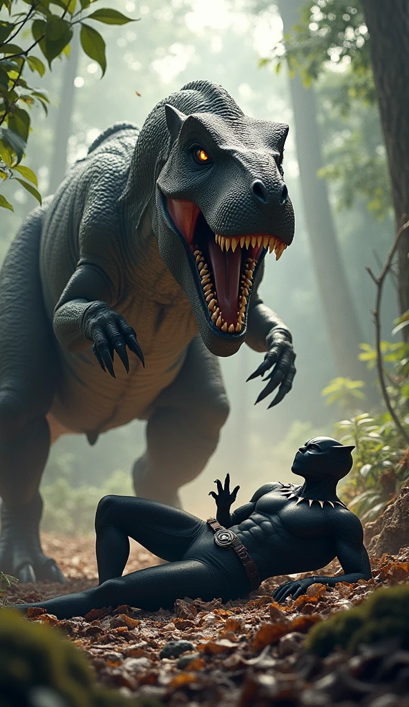Dinosaur vs black panther fighting dinosaur won black panther down and die