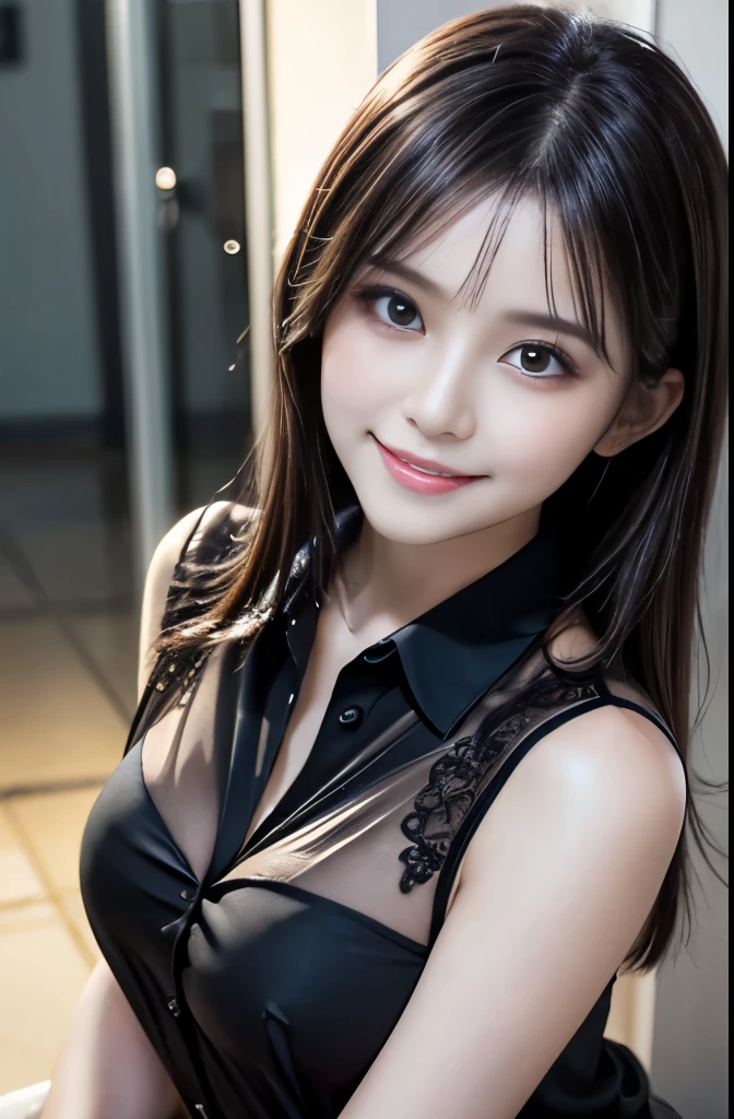 Highest quality, Ultra high definition, masterpiece, Detailed Description, Soft skin texture,Soft and sexy lips,Lip gloss, Shiny black hair, Shining, mysterious eyes that store light,, look up, Upper Body, cute,sexy mana, ((See-through(Frilled shirt: 0.8)), smile, 8K RAW Photos, Octane Rendering, Depth of written boundary,