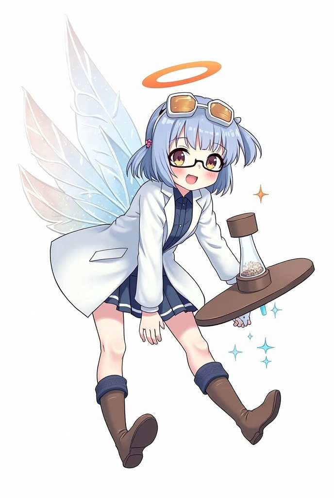 anime girl, scientist girl, labcoat with a hammer and a halo wearing glasses with brown hair,  anime visual of a cute girl, anime style, from girls frontline, fine details. girls frontline, girls frontline universe, girls frontline style, girls frontline, girls frontline cg, soft anime illustration, 2 0 2 2 anime style, 2022 anime style, pixiv contest winner, pretty anime character design, render of april