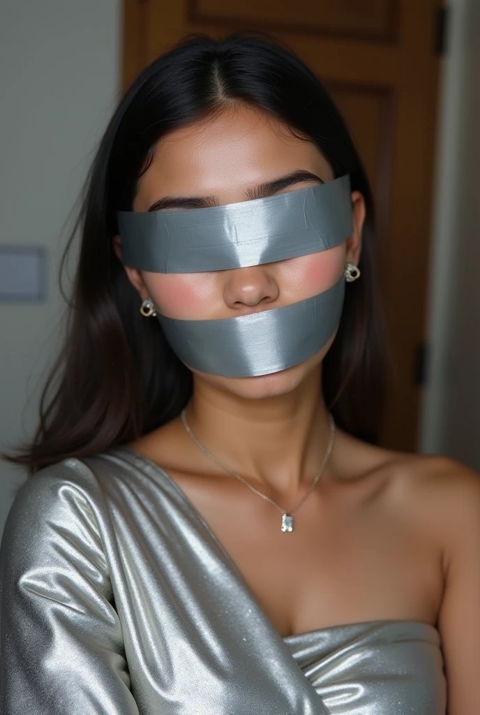 Aesthetic  girl blindfolded duct tape gagged in silver sparkling shimmering saree taking selfie tape gagged