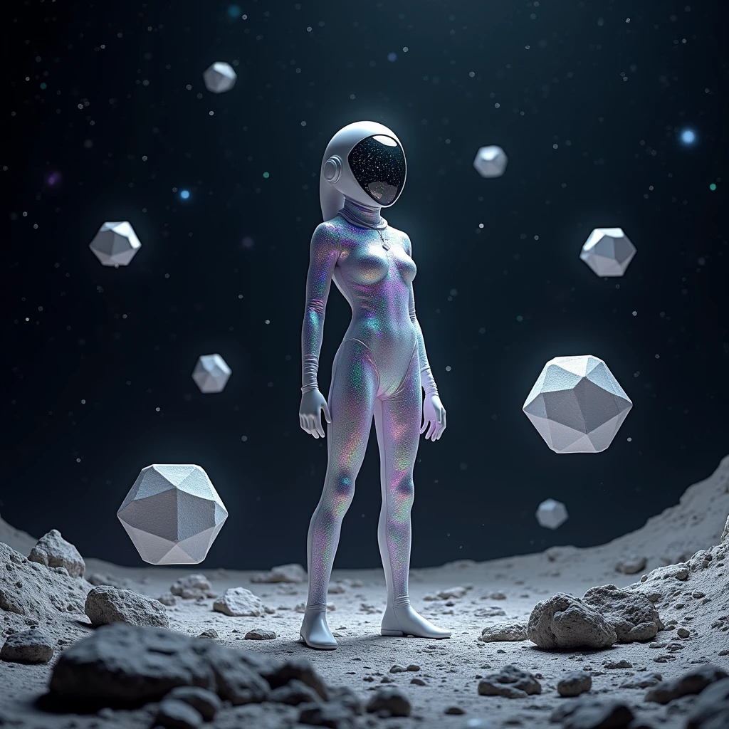 A humanoid wearing an alien closy white iridescent suit with an alien helmet with parts from glass that you can see galaxies and nebulas through inside. The humanoid stands on the surface of an asteroid and you can see the total black deep space full of millions of stars, distant planets and nebulas. Floating geometrical 3D shapes levitating above asteroid ground in close proximity from the ground. Realistic, hyperrealism, high resolution, extreme quality, volumetric lighting, extreme details, sharp details, 4k hdr 