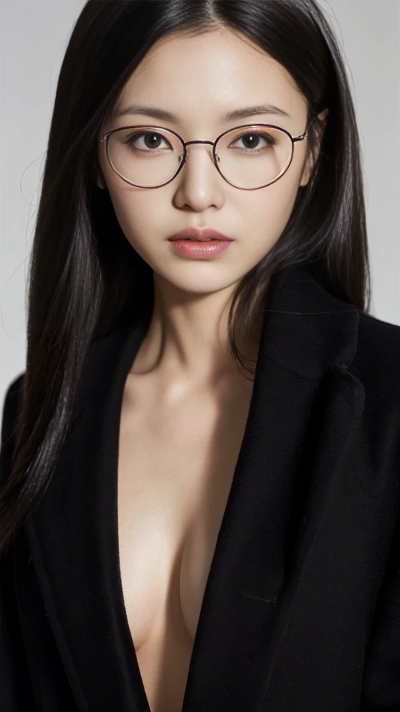 (Highest quality:1.5), (Real:1.4), (Ultra high definition:1.4), (No correction:1.4), (skinny Japanese woman with average size breasts standing front plain background in studio), (A woman wearing black-rimmed glasses), (Very small eyes), (breasts of average size), (Average height), (Bangs cover the forehead), (Long black hair), (Dark personality expression), (Black long coat), (black hair woman is standing with black long coat front plain background in studio), (woman viewed from the front), (Plain background), (Cowboy Shot), (Cold expression), (upright), (A woman with long black hair and glasses), (Bangs that cover the forehead), (Sharp and tiny eyes)