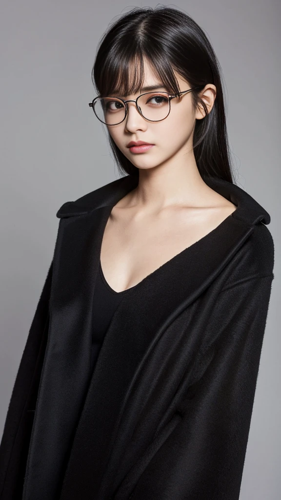 (Highest quality:1.5), (Real:1.4), (Ultra high definition:1.4), (No correction:1.4), (skinny Japanese woman with average size breasts standing front plain background in studio), (A woman wearing black-rimmed glasses), (Very small eyes), (breasts of average size), (Average height), (Bangs cover the forehead), (Long black hair), (Dark personality expression), (Black long coat), (black hair woman is standing with black long coat front plain background in studio), (woman viewed from the front), (Plain background), (Cowboy Shot), (Cold expression), (upright), (A woman with long black hair and glasses), (Bangs that cover the forehead), (Sharp and tiny eyes)