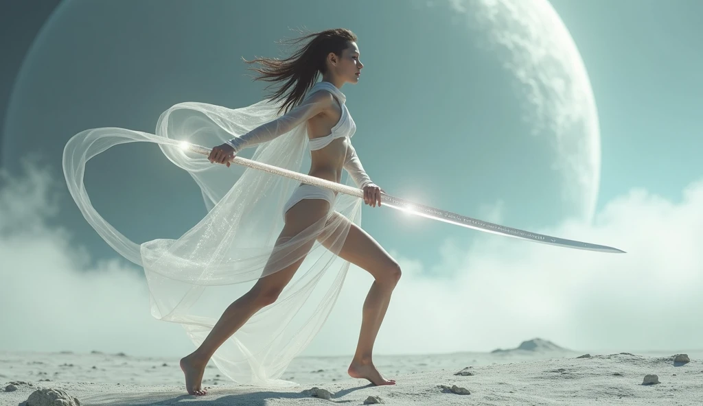 A white waif gaussian silk loincloth bottom and top holding a long thin long sci fi space moon blade boomerang, in dynamic splits pose aiming at its prey, planet zero, 8k,