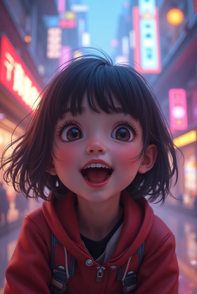 a happy korean girl, surprised expression, beautiful detailed eyes, beautiful detailed lips, extremely detailed face, large expressive eyes, long eyelashes, entering a new world similar to the city in Final Fantasy VII Rebirth, vibrant colors, intricate details, kawaii style, octane render, 8k, highly detailed, photorealistic, dramatic lighting, volumetric fog