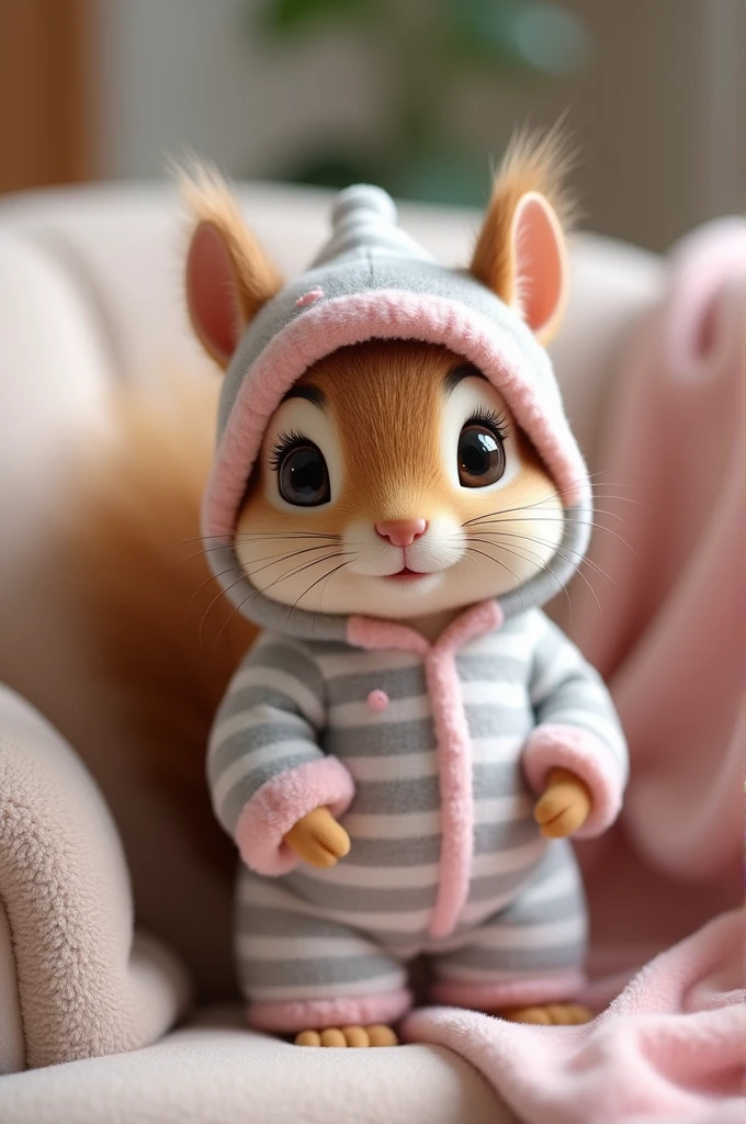 An adorable squirrel in grey and pink pajamas