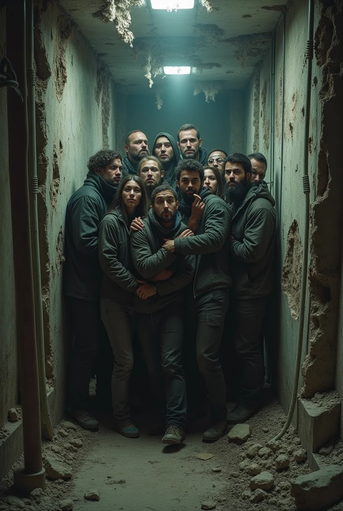 People huddled together hiding in a crumbling basement in the future 