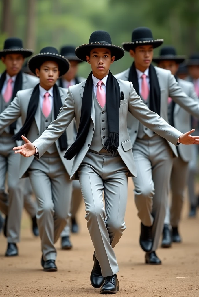 Group of young indigenous men dancing in light grey suits, black hat with lead trim, baby pink tie, White shirt, and black scarf, black shoes.
