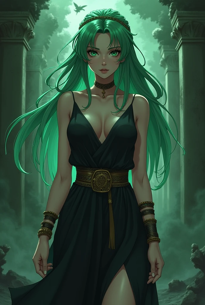 Beautiful adult woman with green hair and green eyes with perfect anatomy, Ancient Greek clothing in black color besieged in the Greek Underworld anime style