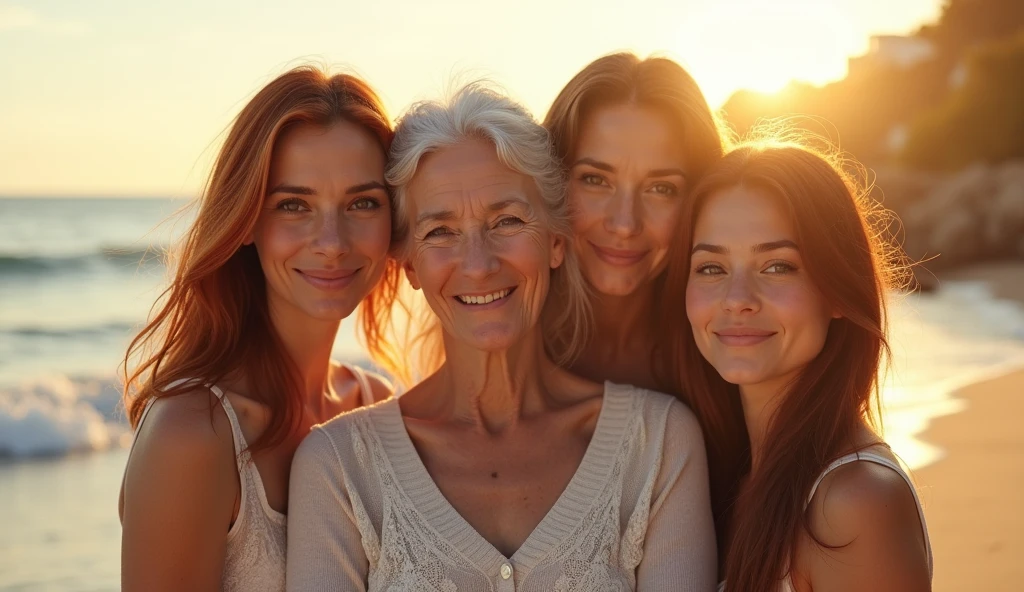 a 60 year old White woman, with three 50 year old daughters, one 50 year old Asian, one 50 year old American redhead, and one American brunette, detailed faces, realistic, high quality, masterpiece, photorealistic, hyper detailed, cinematic, dramatic lighting, warm colors, posing on the beach