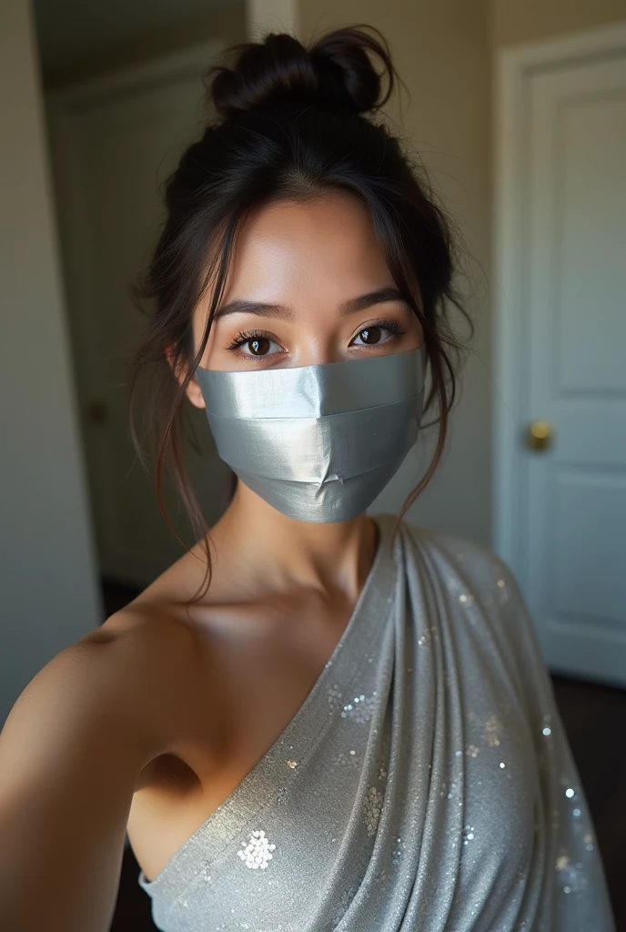 Aesthetic girl blindfolded duct tape gagged in silver sparkling shimmering saree taking selfie tape gagged