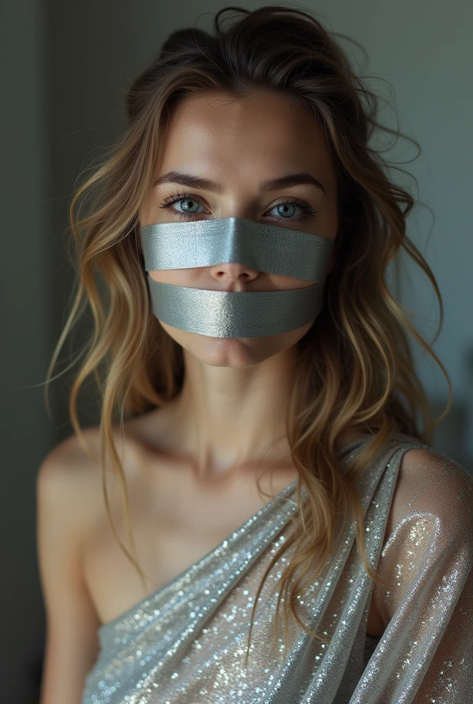 Aesthetic  girl blindfolded duct tape gagged in silver sparkling shimmering saree taking selfie tape gagged