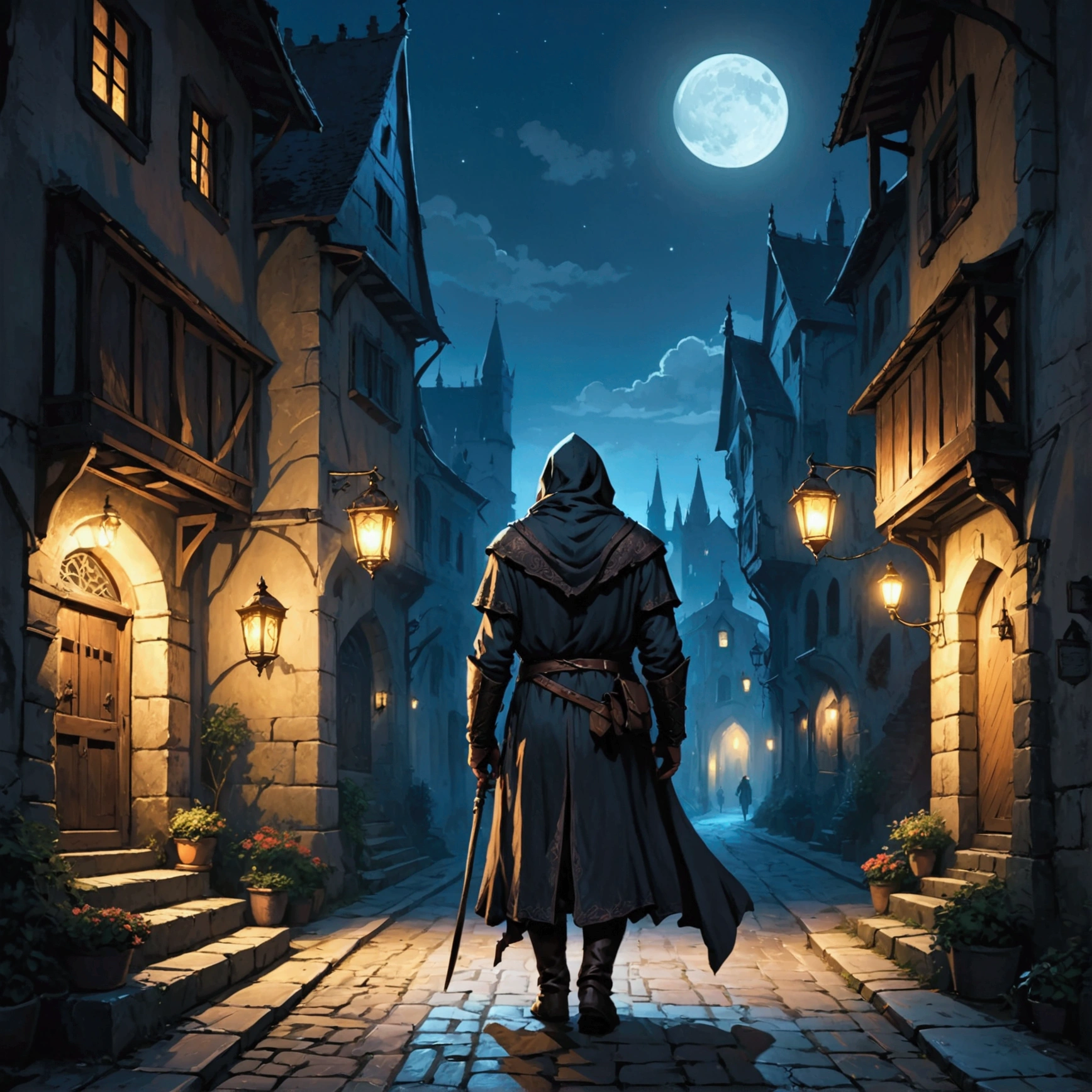 Medieval Europe，at night，A noble man walking down the street，An assassin in night clothes，Lurking in the darkness around。Mid-ground composition，Game illustration style。