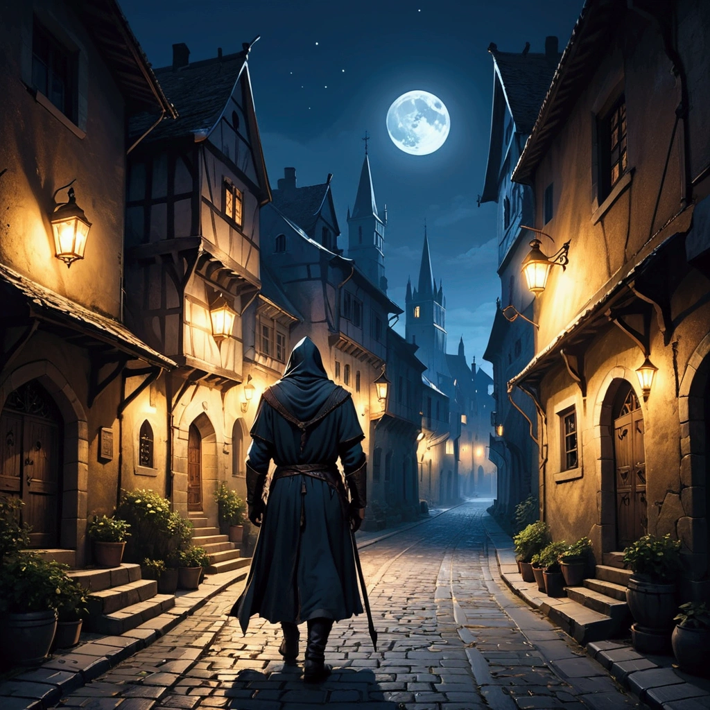 Medieval Europe,at night,A noble man walking down the street,An assassin in night clothes,Lurking in the darkness around。Mid-ground composition,Game illustration style。
