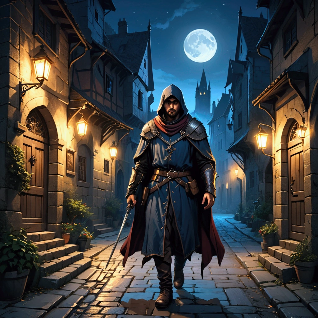 Medieval Europe,at night,A noble man walking down the street,An assassin in night clothes,Lurking in the darkness around。Mid-ground composition,Game illustration style。
