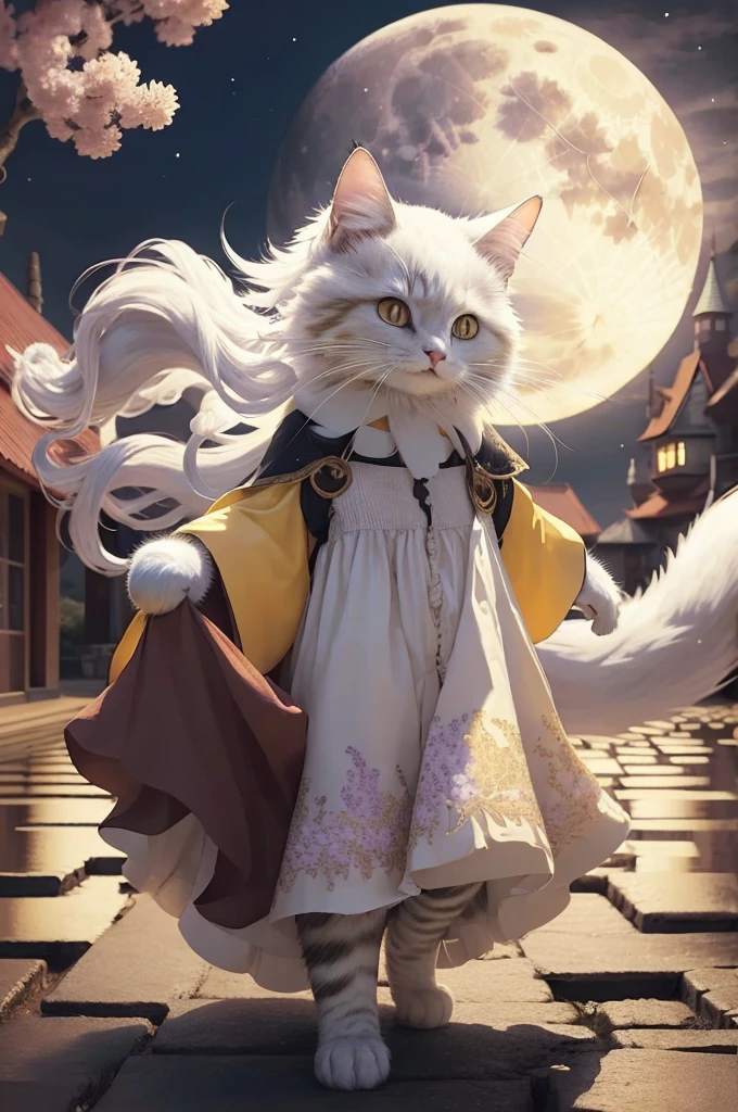 HDR,uhd,8k,Highly d surrounded by floating sakura, yellow full moon, beautiful detailed dark midnight sky, messy white long hair,
Old castle can be seen　An anthropomorphic cat wearing a purple moist dress
