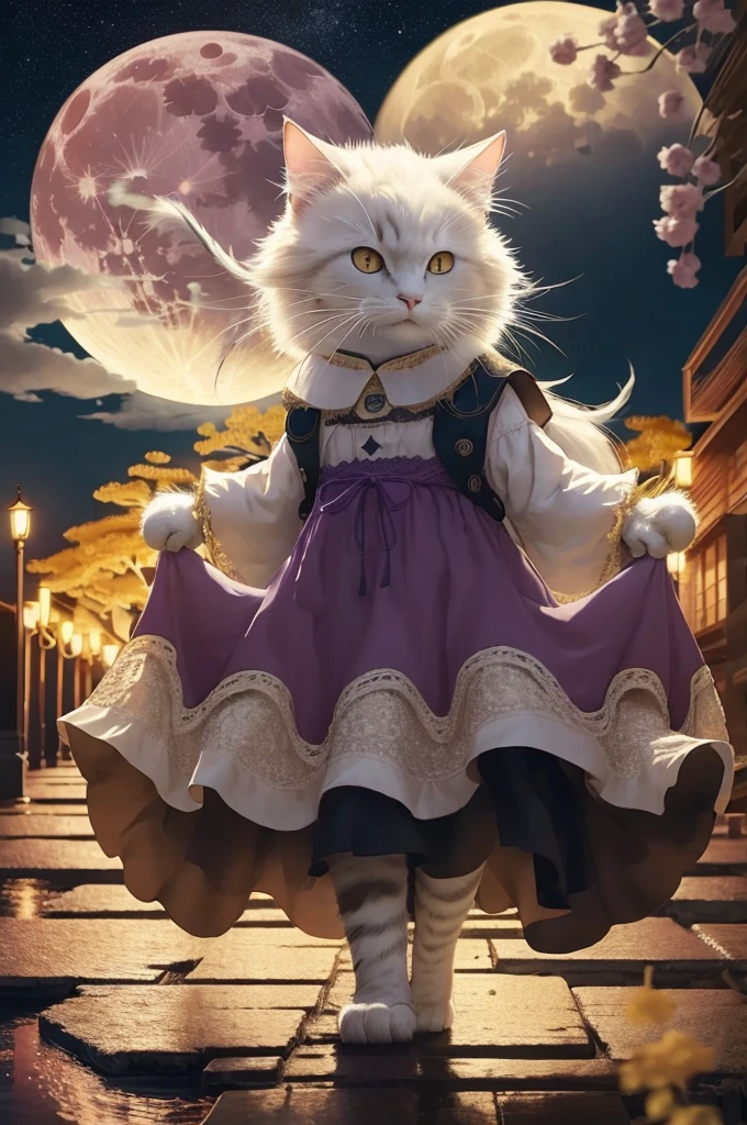 HDR,uhd,8k,Highly d surrounded by floating sakura, yellow full moon, beautiful detailed dark midnight sky, messy white long hair,
Old castle can be seen　An anthropomorphic cat wearing a purple moist dress
