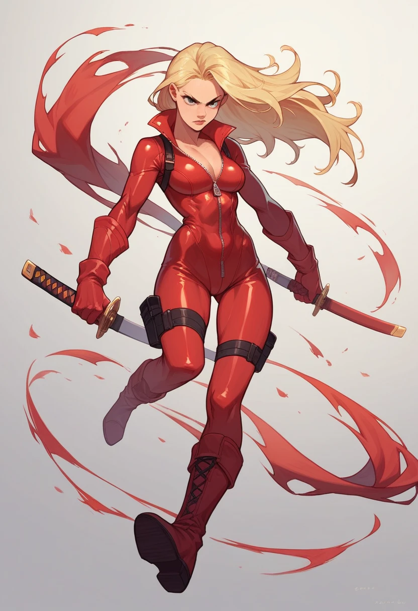 1girl, comics, long blonde hair, red costume, zip-up bodysuit, black straps, red gloves, red boots, wielding katana