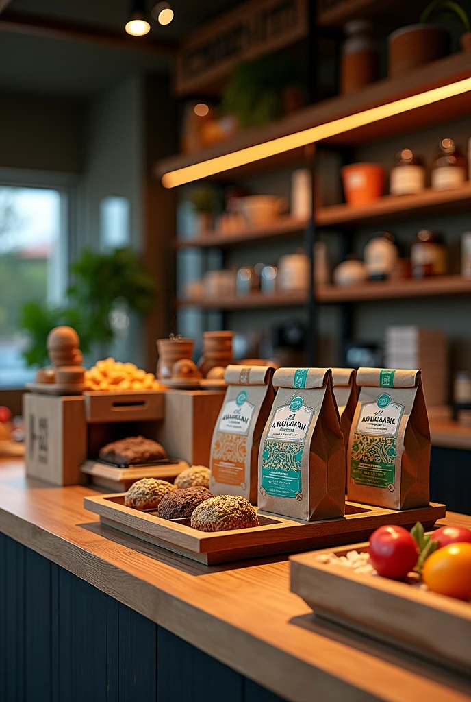 Shelf with various products from the brand “Café Araucaria”