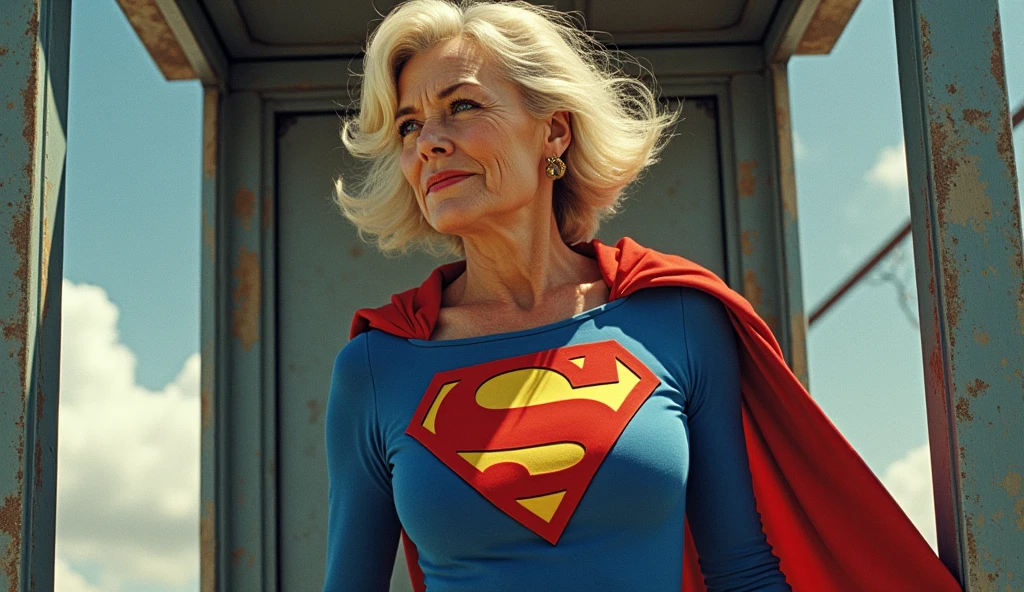 Julie Hagerty(((very beautiful old Supergirl (((1984s costume))); Julie Hagerty))) Super old woman Julie Hagerty; confident, powerful, indestructible, attractive; big and firm chest; strong breasts; saindo de uma cabine telefônica e decolando para o céu, By Georege Perez