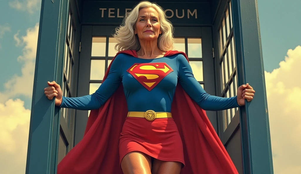 Julie Hagerty(((very beautiful old Supergirl (((1984s costume))); Julie Hagerty))) Super old woman Julie Hagerty; confident, powerful, indestructible, attractive; big and firm chest; strong breasts; saindo de uma cabine telefônica e decolando para o céu, By Georege Perez