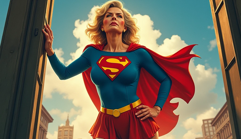 Julie Hagerty(((very beautiful old Supergirl (((1984s costume))); Julie Hagerty))) Super old woman Julie Hagerty; confident, powerful, indestructible, attractive; big and firm chest; strong breasts; saindo de uma cabine telefônica e decolando para o céu, By Georege Perez