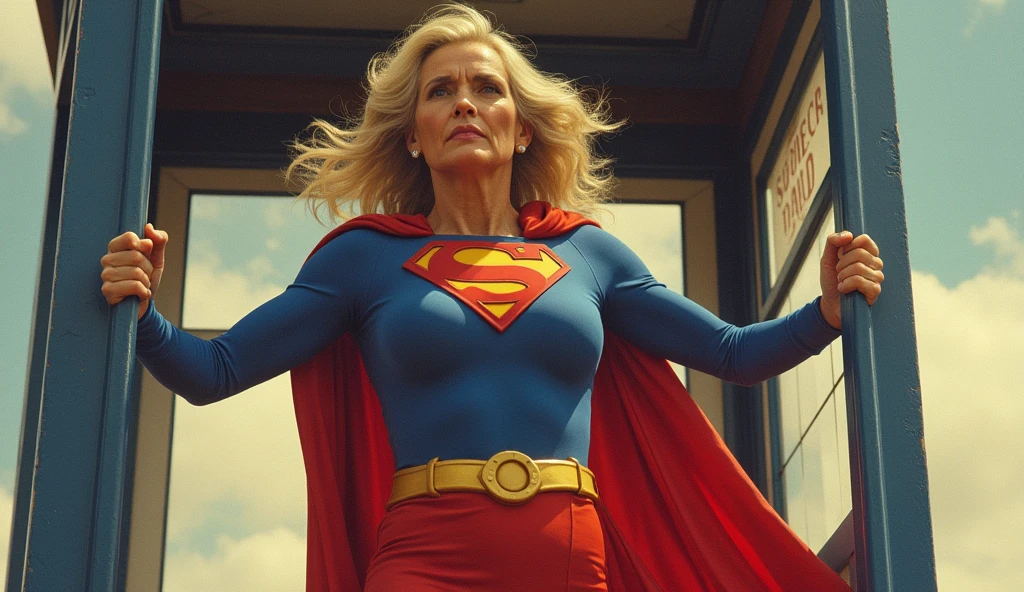 Julie Hagerty(((very beautiful old Supergirl (((1984s costume))); Julie Hagerty))) Super old woman Julie Hagerty; confident, powerful, indestructible, attractive; big and firm chest; strong breasts; saindo de uma cabine telefônica e decolando para o céu, By Georege Perez